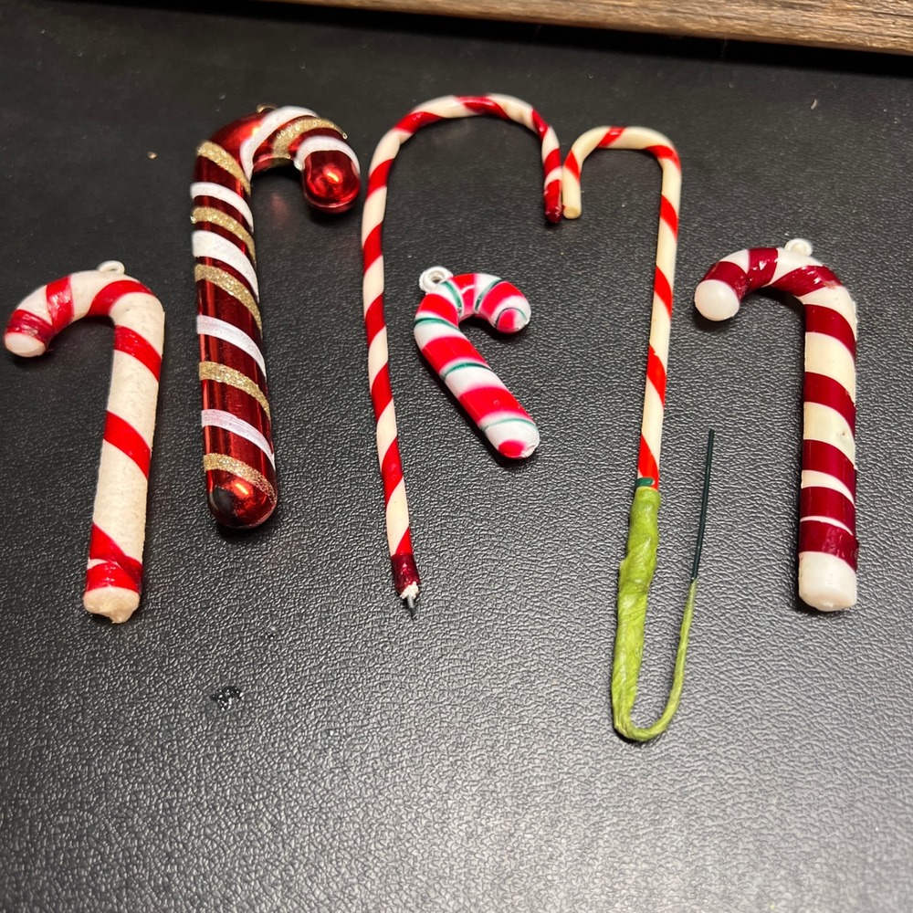 Vintage Candy Cane Christmas Ornaments Mixed Lot Red White Glitter Floral Picks